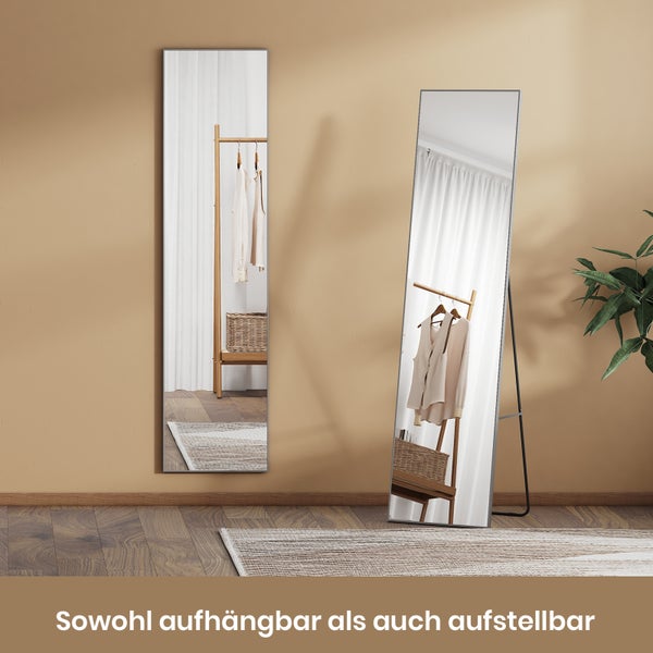 EMKE Standspiegel mit Rahmen aus Aluminiumlegierung, 160x40cm HD Groß Ganzkörperspiegel mit Haken, Rechteckiger Hochspiegel für Wohnzimmer oder Ankleidezimmer Chrome