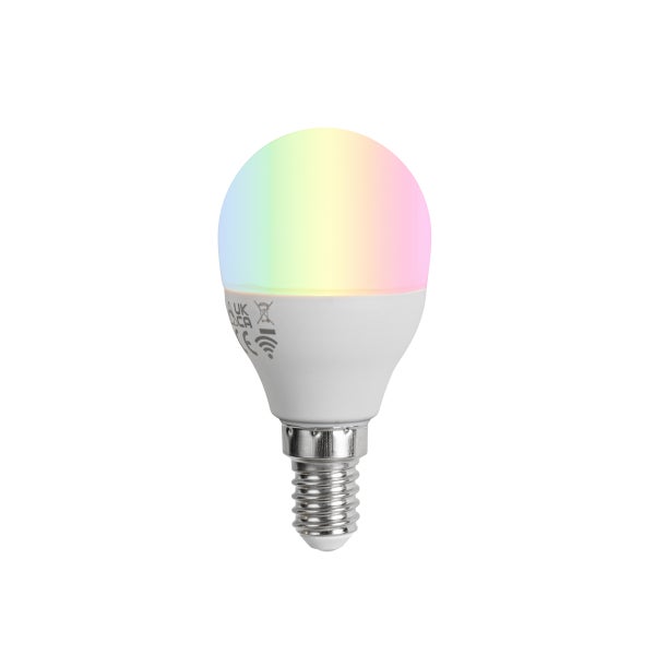 Smarte LED-Lampe in Tropfenform mit E14-Sockel und mehrfarbiger Lichtfunktion.