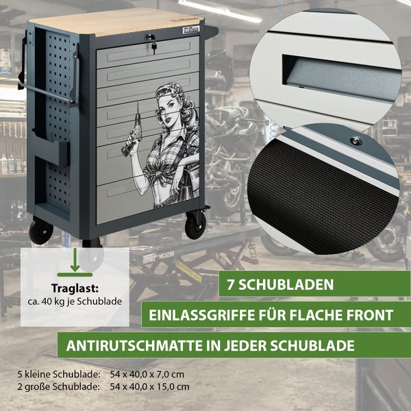 Trutzholm Werkstattwagen mit 7 Schubladen, Pin-up Motiv, Arbeitsplatte aus Holz, Einlassgriffen und Antirutschmatten für Werkzeug und Zubehör.