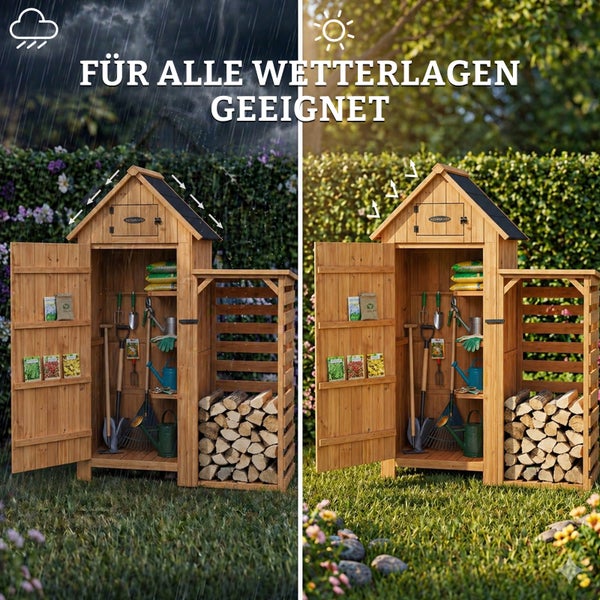 Garten-Geräteschrank aus Holz mit Kaminholzregal bei Regen und Sonnenschein, befüllt mit Gartengeräten und Brennholz.