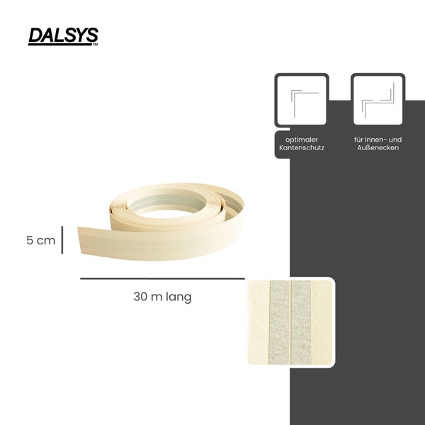 Dalsys Logo. Flexibles Kantenschutzband für Innen- und Außenecken, 5 Zentimeter breit und 30 Meter lang.