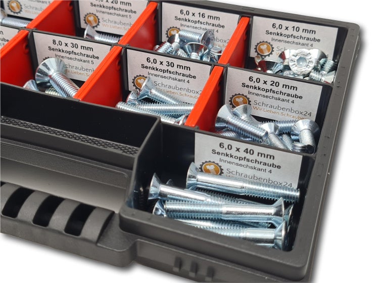 Senkkopfschrauben Sortiment M6-M8 // 10mm-40mm 105 tlg. Schraubenbox DIN 7991/ISO 10642 Bolzen Vollgewindeschrauben Maschinenschrauben Gewindeschrauben Senkkopfschrauben