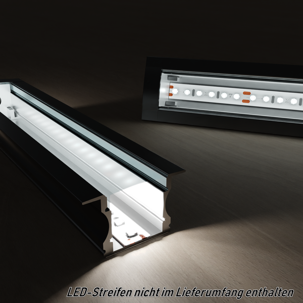 TIVENDIS Led Alu Profil 2 m EH Komplett Set für Strip / Streifen bis 12 mm breit | Abdeckung transparent klar, Endkappen |  Einbau Fußleisten Flachprofil eloxiert