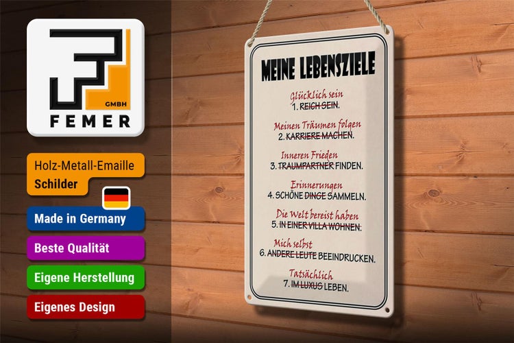 Blechschild Spruch 20x30cm meine Lebensziele glücklich