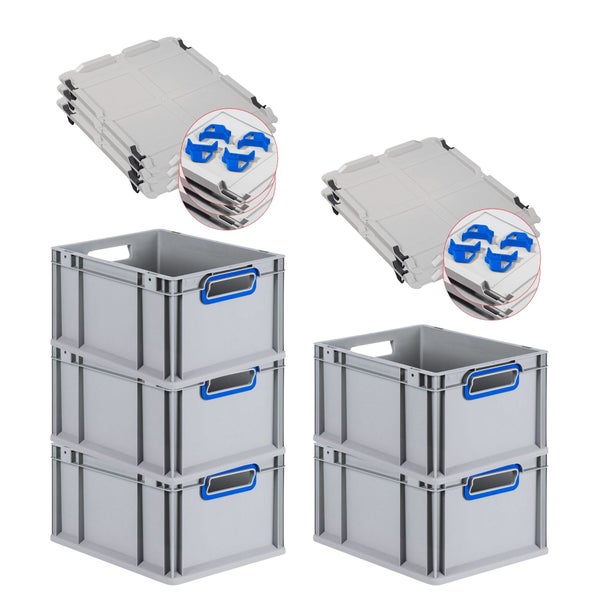 PROREGAL Spar Set 5x Eurobox Nextgen Color Mit Auflagedeckel & Schiebeschnappverschlüsse HxBxT 22 x 30 x 40 cm Griffe Blau Offen Glatter Boden