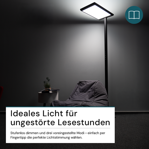 Stehleuchte neben Sitzsack und kleinem Tisch mit Buch und Pflanze