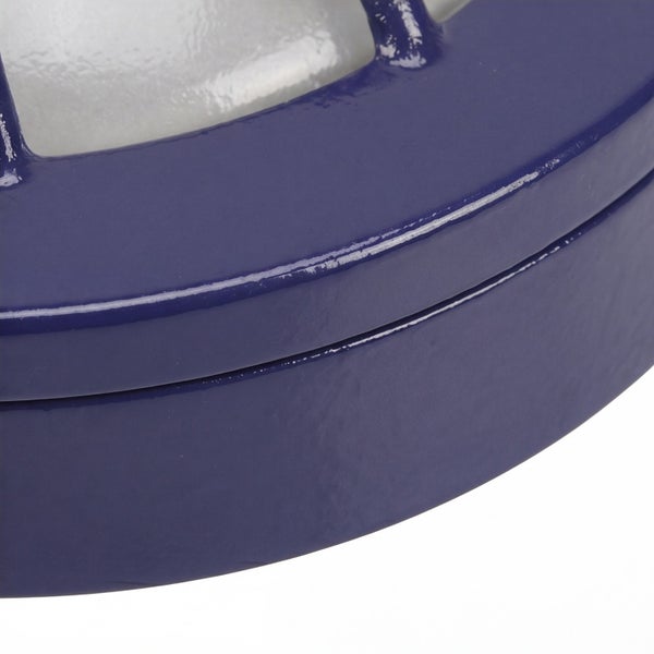 Detailansicht einer blauen Außenleuchte aus Metall mit Schutzgitter und Glasabdeckung.