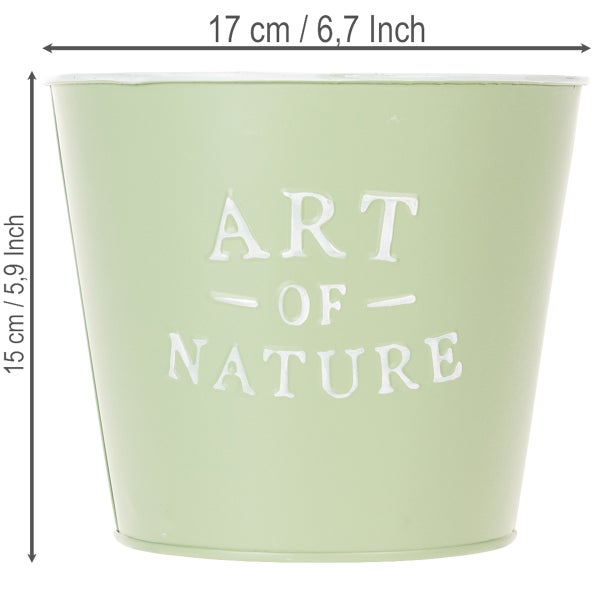 Grüner Blumentopf mit Prägung Art of Nature, Breite 17 Zentimeter, Höhe 15 Zentimeter.