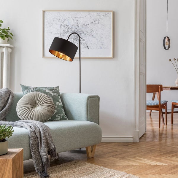 Stehlampe - Schalter, schwenkbar, Stoffschirm, E27 Fassung, Schwarz