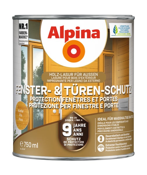 Alpina Fenster- und Türen-Schutz Holzlasur für außen, Kiefer, 750 Milliliter Dose, lösemittelarm, bis zu 9 Jahre Schutz.