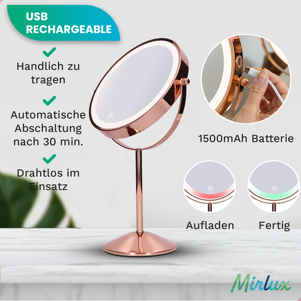 Mirlux Kosmetikspiegel mit LED Beleuchtung 10fache Vergrößerung Rund 3 Lichtstufen Wiederaufladbar Roségold
