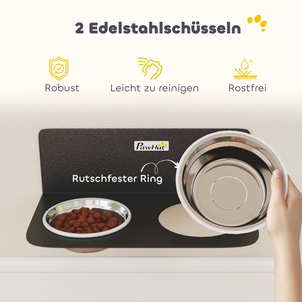 PawHut Logo. Wandmontierte Futterstation mit zwei Edelstahlschüsseln. Merkmale: robust, leicht zu reinigen, rostfrei, rutschfester Ring.