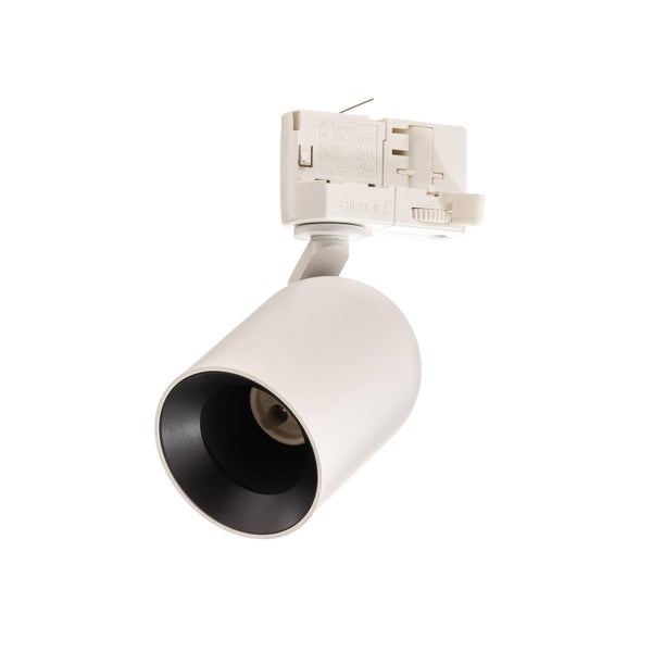 Weißer 3-Phasen-Stromschienenstrahler mit Global-Adapter und schwarzem Innenreflektor.