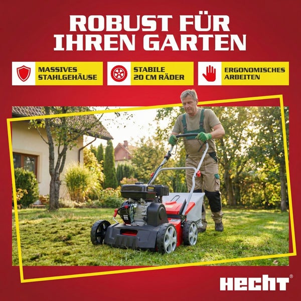 Garten Szene mit einem Mann, der einen Hecht Rasenmäher benutzt