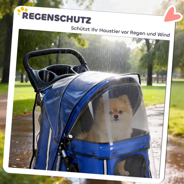 Transparenter Regenschutz für Hundebuggy, schützt Hund im blauen Wagen vor Regen und Wind.
