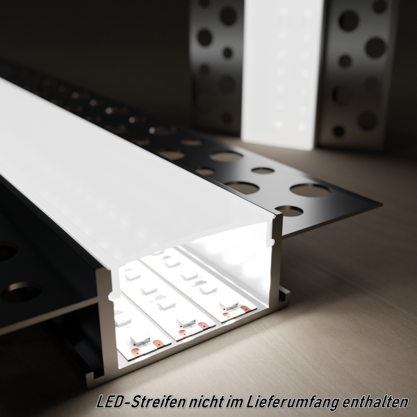 TIVENDIS Led Alu Profil 2 m T2 mit Zubehör für Strip / Streifen bis 27,6 mm breit | Abdeckung satiniert milchig  |  Einbau Unterputz Deckenleiste Deckenprofil Deckenleisten eloxiert