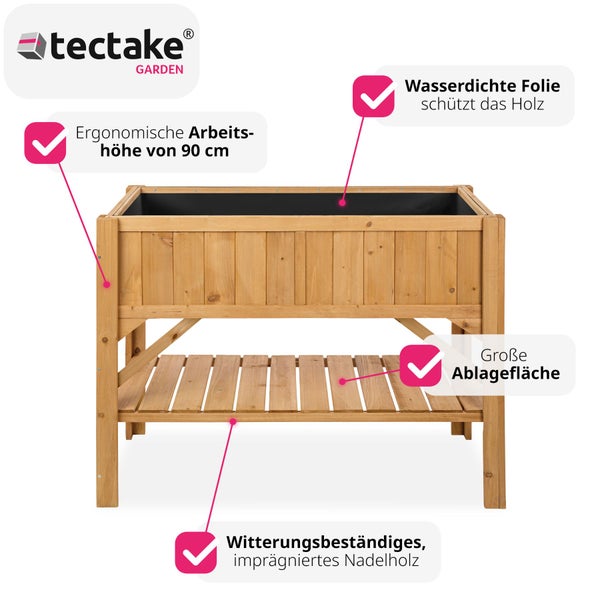 Hochbeet tectake  119 x 57 x 90 cm aus Holz, mit Ablage braun