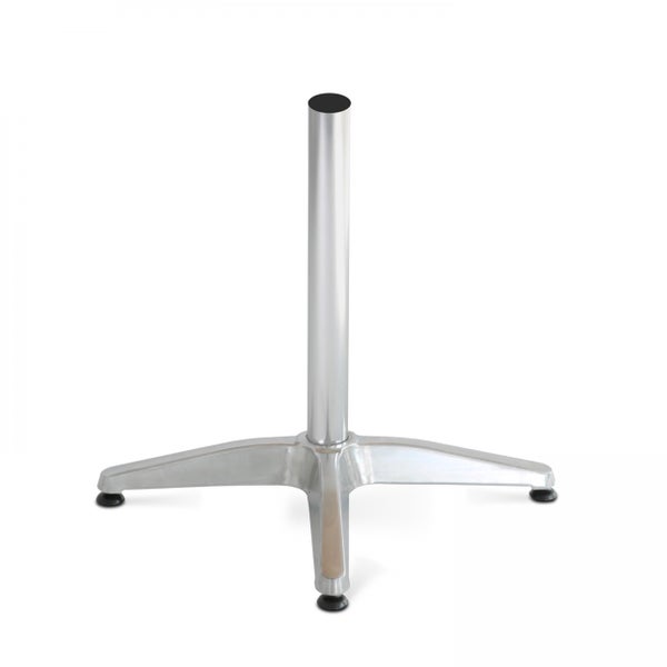 Silberfarbenes Tischgestell aus Metall mit Mittelsäule und drei Füßen.