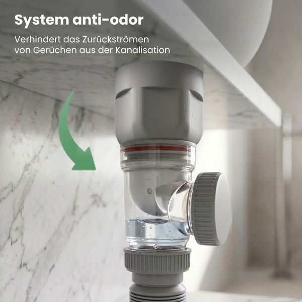Siphon mit Anti-Geruch-System für Waschbecken verhindert das Zurückströmen von Gerüchen aus der Kanalisation.