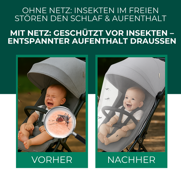 Vergleichsbild Insektenschutz für Kinderwagen vor und nach Anwendung mit weinendem und glücklichem Baby sowie Lupe mit Mücke.