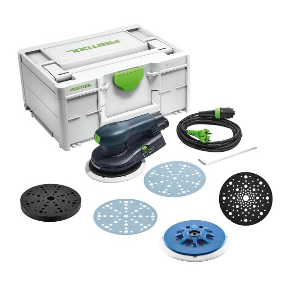 Festool ETS EC 150/5 EQ-Plus Exzenterschleifer 400 W 150 mm Brushless + 250x Schleifscheibe + 2x Protection Pad + Interface Pad + Schleifteller + systainer