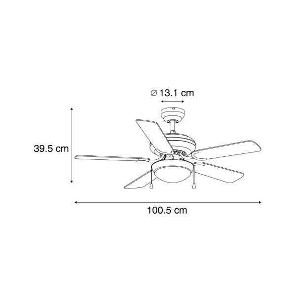 Maßzeichnung eines Deckenventilators mit Beleuchtung, Durchmesser 100,5 Zentimeter, Höhe 39,5 Zentimeter, Deckenhalterung 13,1 Zentimeter