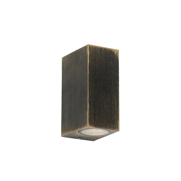 Rechteckige Außenwandleuchte aus Metall in Antik-Optik mit Lichtaustritt nach unten.