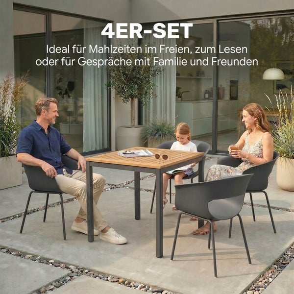 Vierer-Set Gartentisch und Gartenstühle auf einer Terrasse mit Familie beim Entspannen.