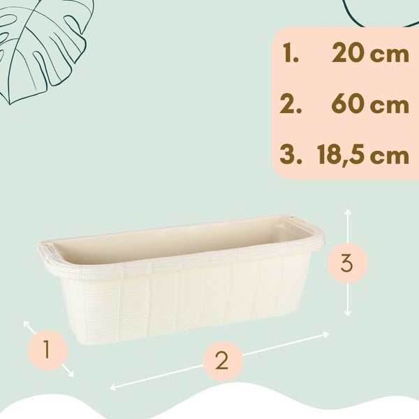 Abmessungen eines Pflanzkastens: 1. 20 cm, 2. 60 cm, 3. 18,5 cm