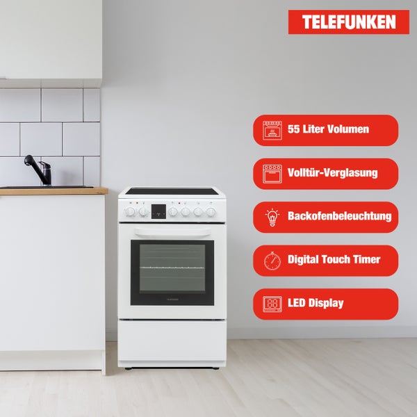 Telefunken Herd mit 55 Liter Volumen, Vollglastür, Backofenbeleuchtung, Digital Touch Timer und LED Display in einer Küchenumgebung.