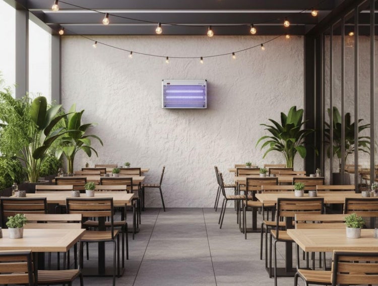 Elektrischer Insektenvernichter mit UV-Licht an der Wand einer Restaurant-Terrasse mit Holztischen und Stühlen.