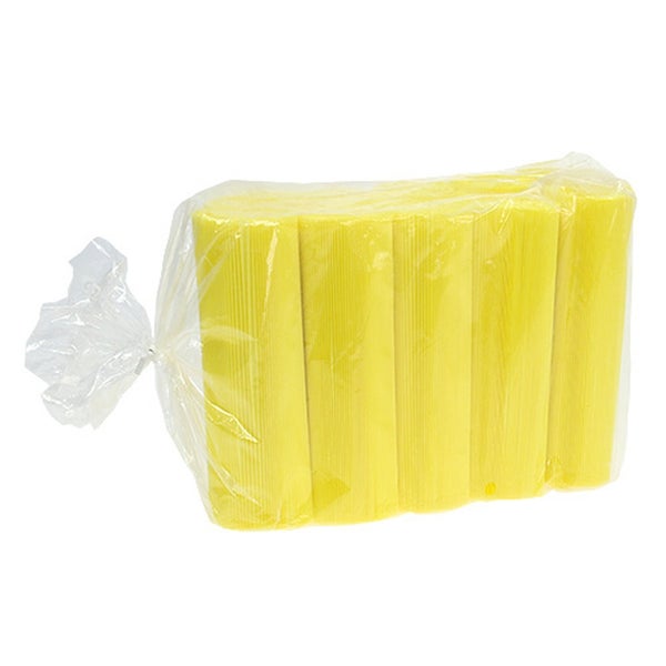 Mehrpackung gelbe Reinigungsschwämme aus Kunststoff in transparenter Folie.
