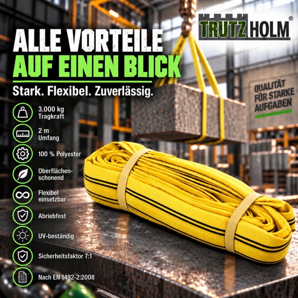 Trutzholm Rundschlinge aus Polyester mit 3000 Kilogramm Tragkraft und 2 Meter Umfang auf einem Tisch vor einem industriellen Hintergrund.