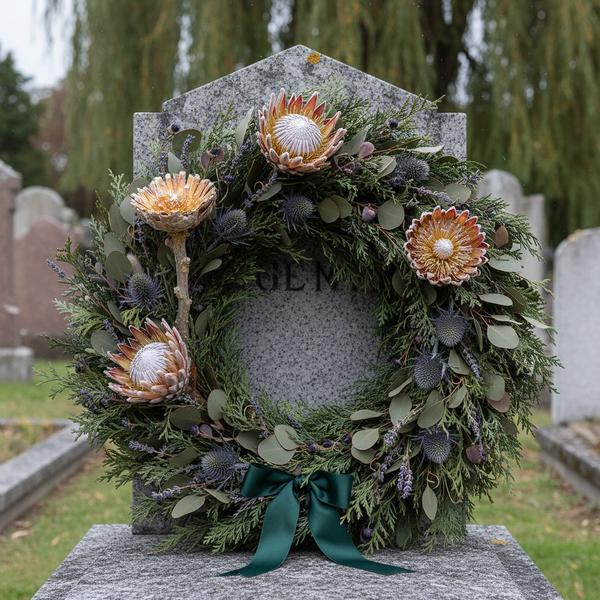 Grabkranz mit Protea-Blüten, Disteln, Eukalyptus und dunkelgrüner Schleife auf einem Grabstein auf dem Friedhof.