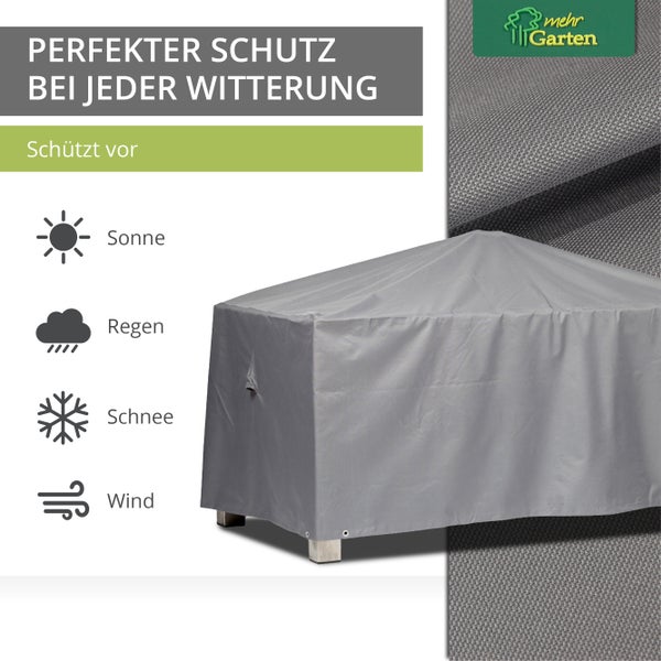 Mehr Garten - Premium Gartentisch-Schutzhülle eckig: 155(B)x95(T)x71(H) cm I Robuste Abdeckung für Gartentische wasserdicht und wetterfest aus Oxford 600D Gewebe I Lichtgrau