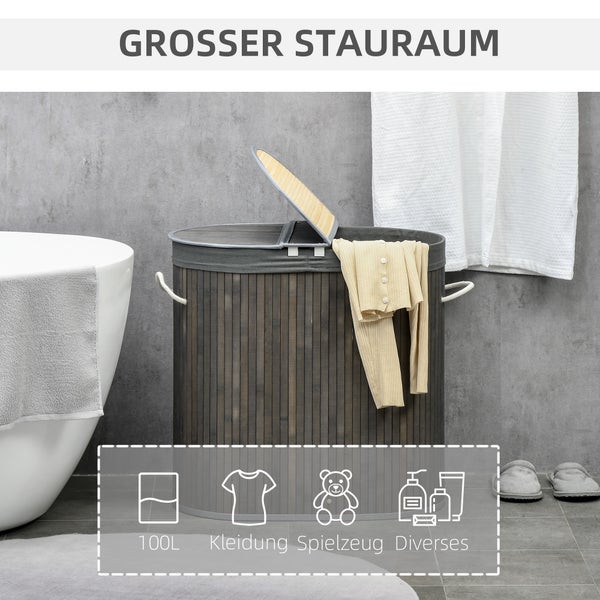 HOMCOM Bambus Wäschekorb mit Deckel 100L Wäschesammler mit Griffen, 2 herausnehmbarer Wäschesack, Wäschesortierer Wäschebox für Waschküche, Badezimmer, Schlafzimmer, Grau