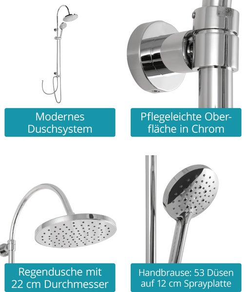 Calmwaters® Duschsystem Chrom, mit Regendusche & Handbrause, 3-strahlige Handbrause, wassersparend, Anti-Kalk, höhenverstellbar, Kleben oder Bohren, 20DP6157