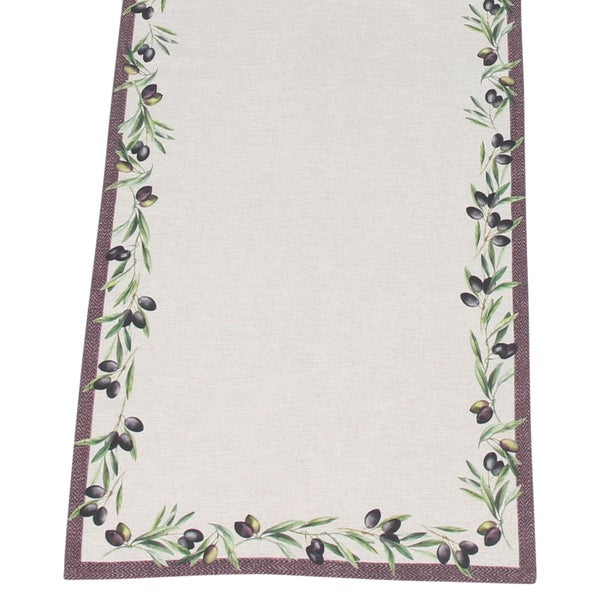 Tischläufer aus hellem Stoff mit Olivenzweig-Muster und dunklem Rand.