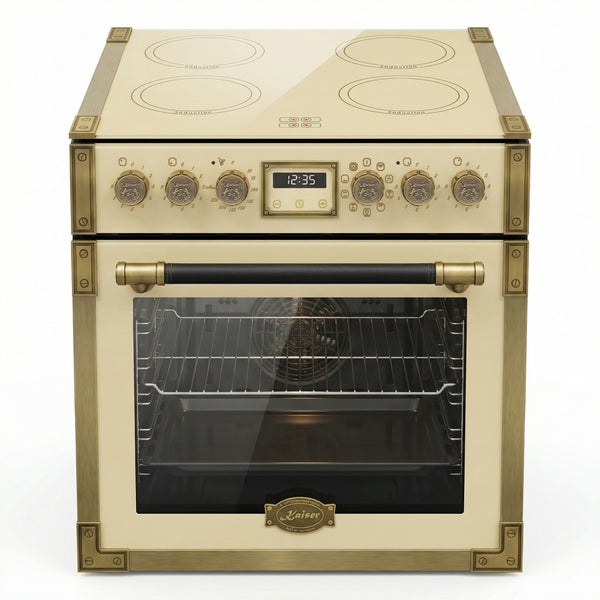 Freistehender Induktionsherd im Retro Design mit Backofen, Digitalanzeige und Drehreglern in antiker Optik mit Kaiser Logo.
