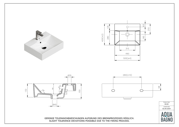 Technische Zeichnung eines weißen Aufsatzwaschbeckens mit Armatur und Maßangaben