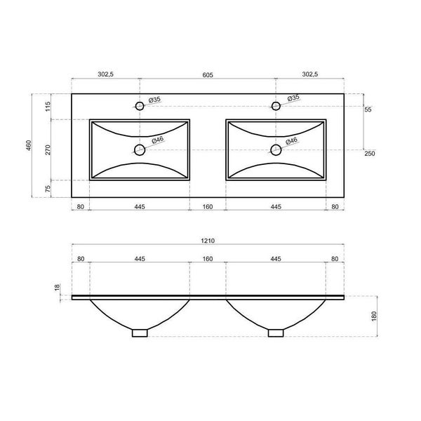 Technische Zeichnung eines Waschtisches mit Doppelwaschbecken und Maßangaben