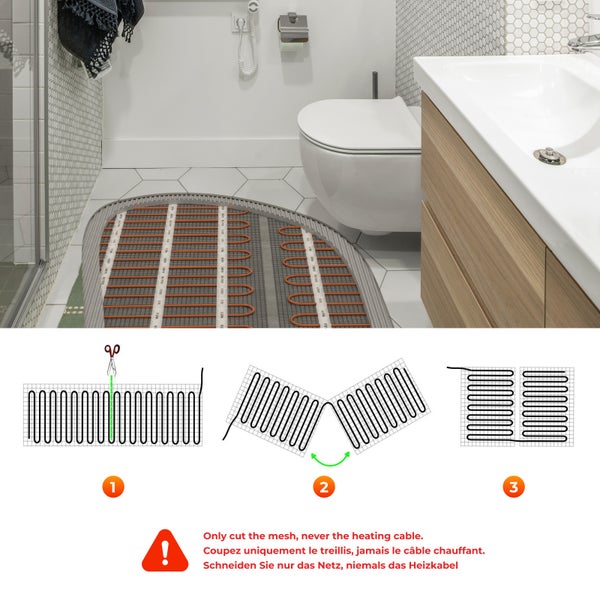 Einbaubeispiel für eine elektrische Fußbodenheizung im Badezimmer und eine Montageanleitung.