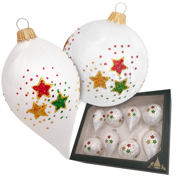 Kugeln & Tropfen mit buntem Sternendekor, Weiß Satin, 7-10cm, 8 Stck., Weihnachtsbaumkugeln, Christbaumschmuck, Weihnachtsbaumanhänger