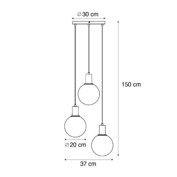Technische Zeichnung einer Pendelleuchte mit drei Leuchten, 150 cm hoch