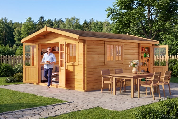 Großes Gartenhaus aus Holz mit Doppeltüren, Fenstern und Terrasse mit Esstisch und Stühlen in einem Garten.