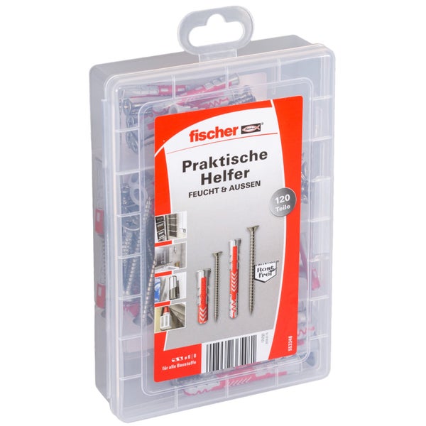 Fischer Dübel und Schrauben Set Praktische Helfer in transparenter Kunststoffbox, 120 Teile mit Edelstahlschrauben für den Außenbereich.