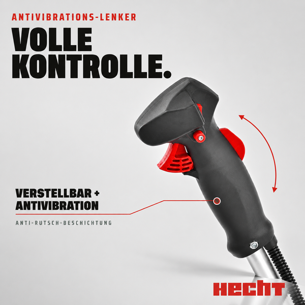 Ergonomischer Bediengriff eines Gartengeräts mit Antivibration, verstellbarer Funktion und Anti-Rutsch-Beschichtung. Hecht Logo.