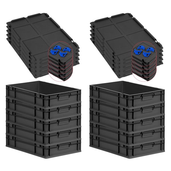 PROREGAL SparSet 10x Eurobox NextGen Grip mit Auflagedeckel inkl. 4 blauen Schiebeschnappverschlüssen, HxBxT 12x40x60cm, 23 Liter, Schwarz, Griffe geschlossen, Eurobehälter, Transportbox, Transportbehälter, Stapelbehälter