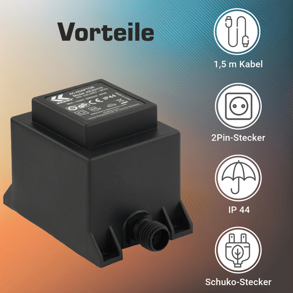 Schwarzer Netzadapter mit Symbolen für 1,5 Meter Kabel, 2-Pin-Stecker, IP 44 Schutzart und Schuko-Stecker.