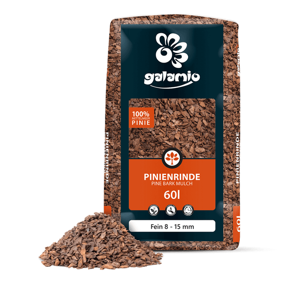 Galamio Pinienrinde aus 100 Prozent Mittelmeer-Pinie, fein 8 bis 15 Millimeter, in einer 60 Liter Packung.